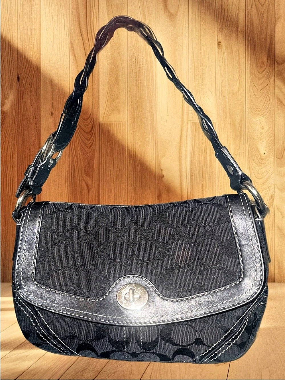 Coach Chelsea Braided Signature Black Flap Shoulder Bag